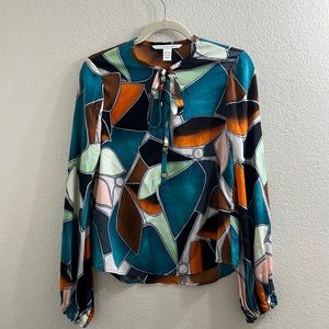 Diane Von Furstenberg Abstract Print Teal Orange Brown Tie Neck Blouse sz 4